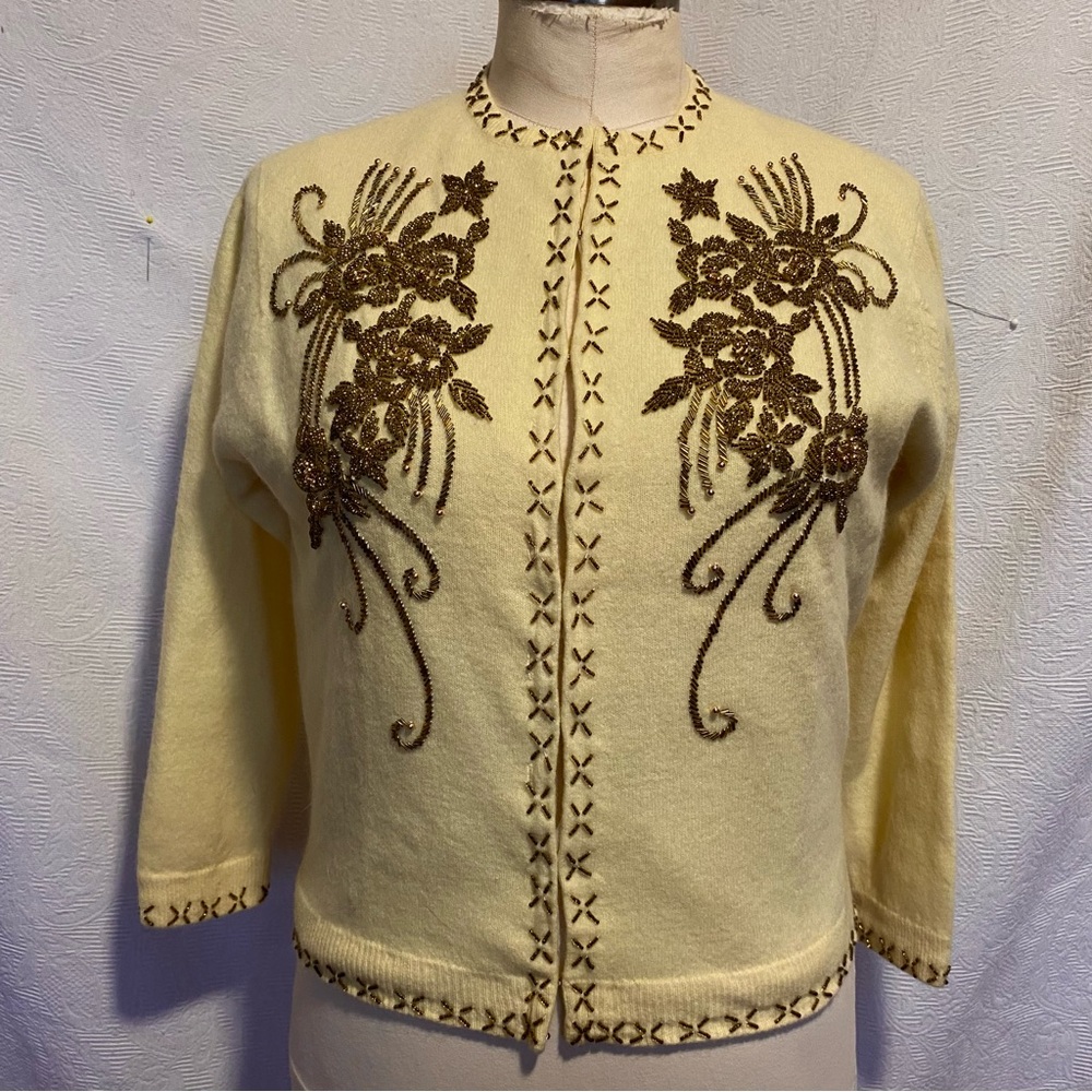 Vintage pale yellow gold hand beaded cardigan.